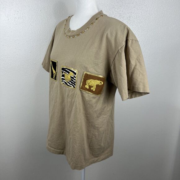 Vintage Clodia Dee Shirt Women Medium Brown Gold Cotton Animal Embroidered Tee - Picture 2 of 16